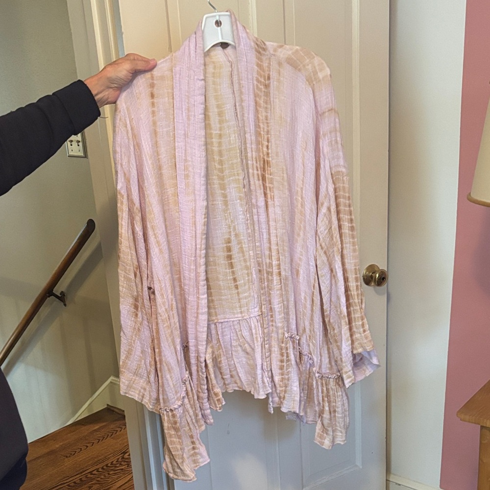 Free People Pink and Beige Tie-Dye Open Front Ruffle Jacket// -missing belt